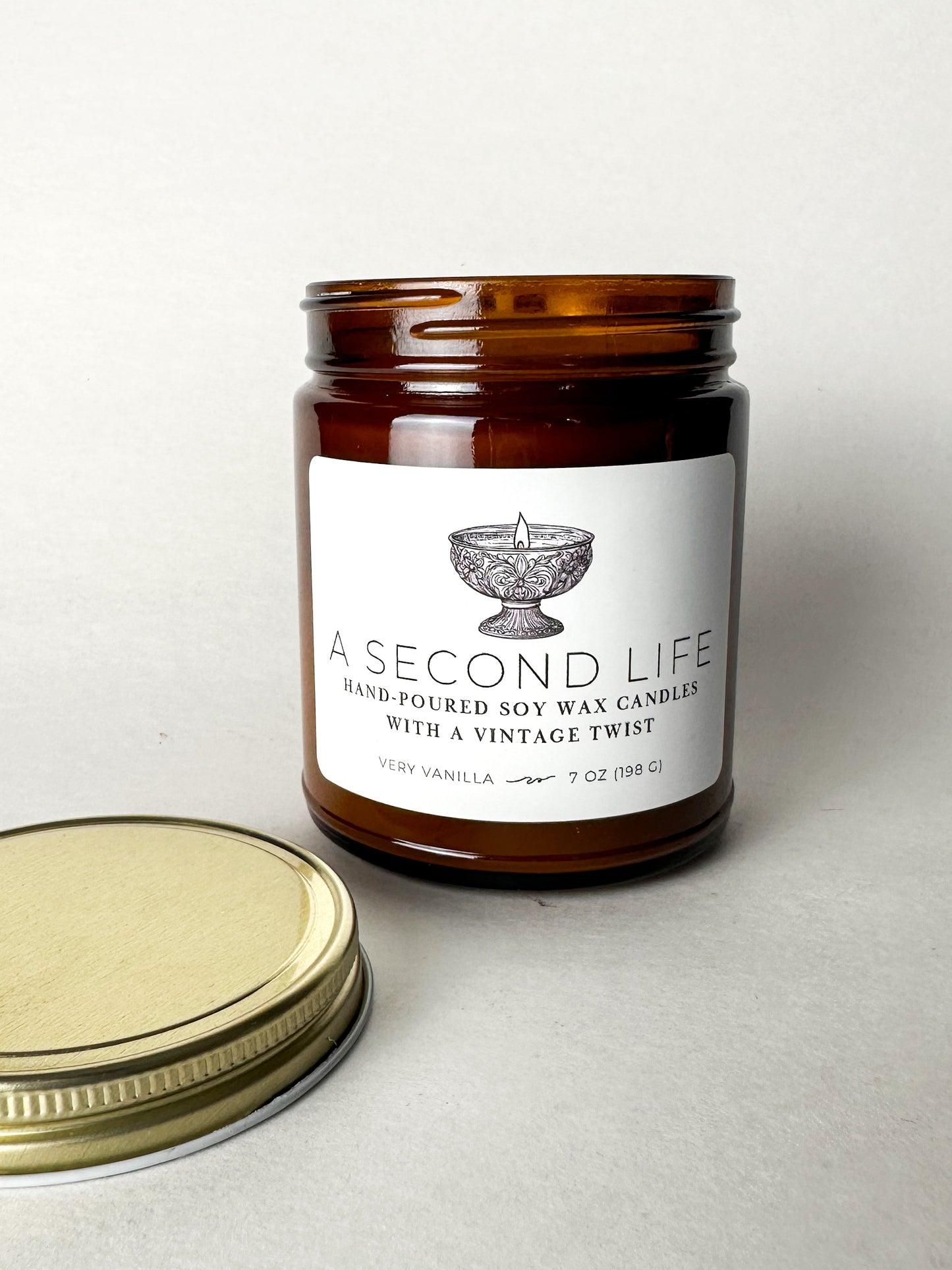 A Second Life Original Soy Candle – 7oz Amber Jar with Logo