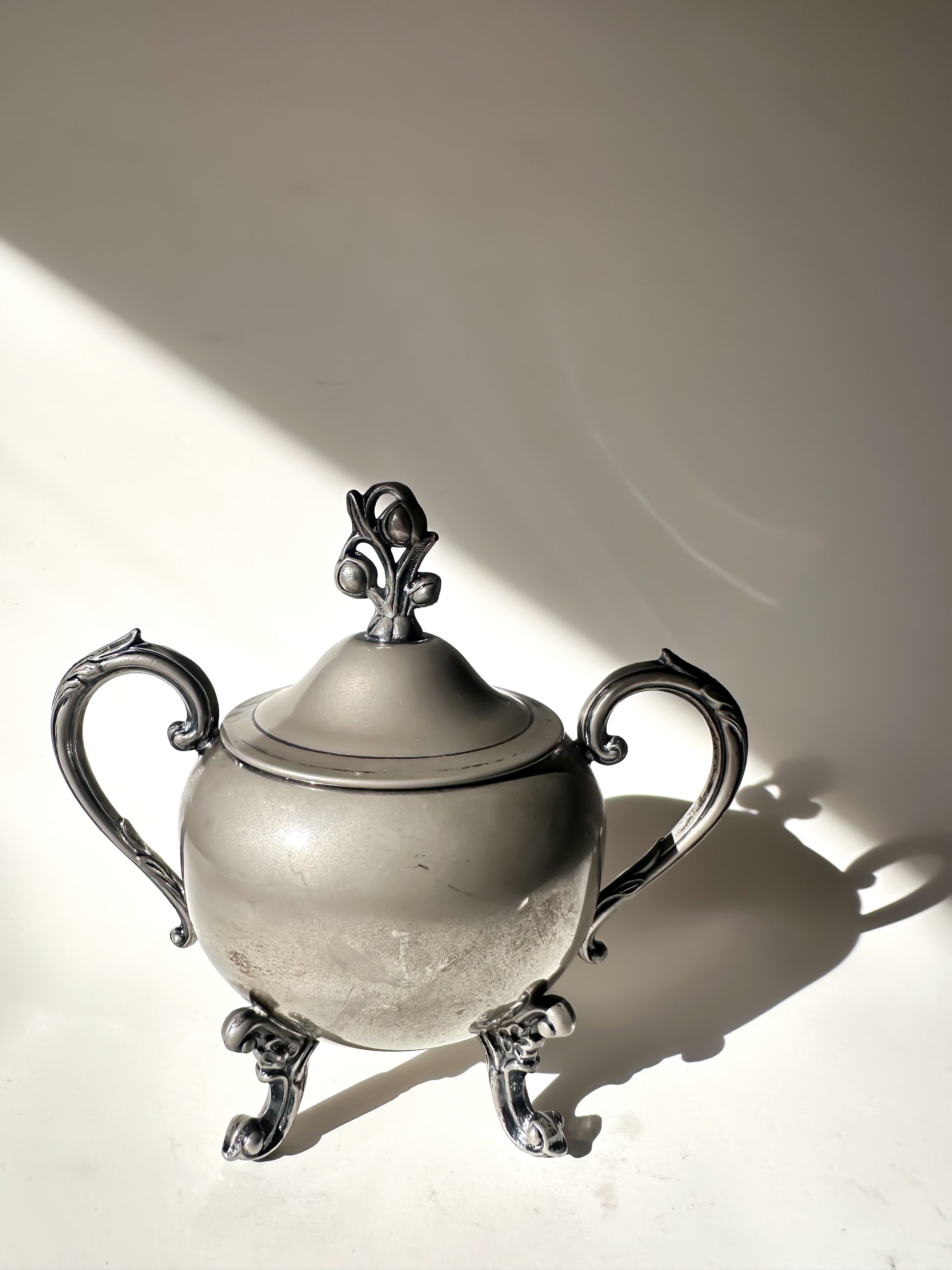Decorative silver sugar bowl with lid on a white background