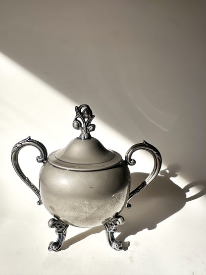 Decorative silver sugar bowl with lid on a white background