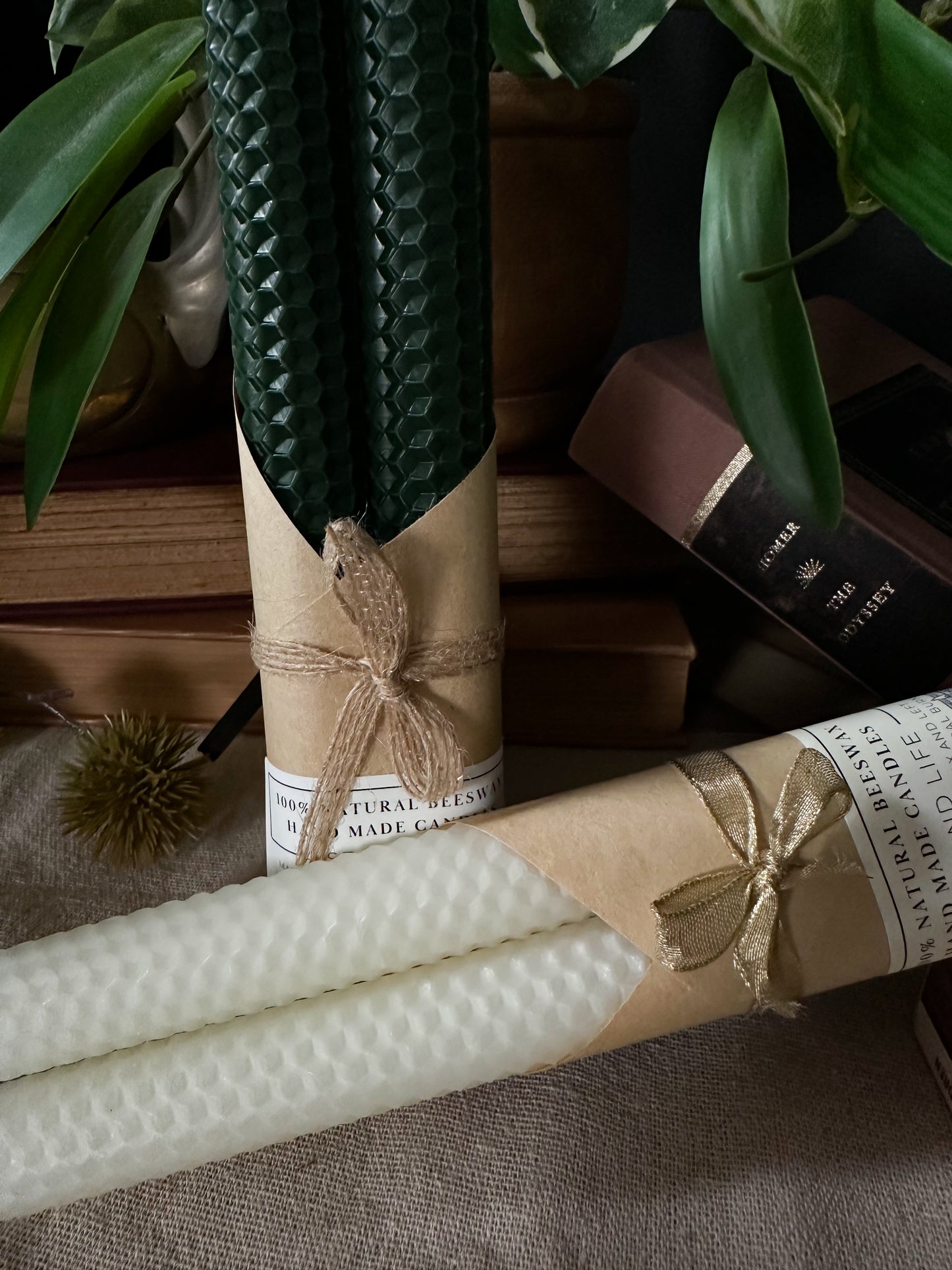 Two candles wrapped in brown paper with a bow, one green and one white, on a textured surface with plants in the background.